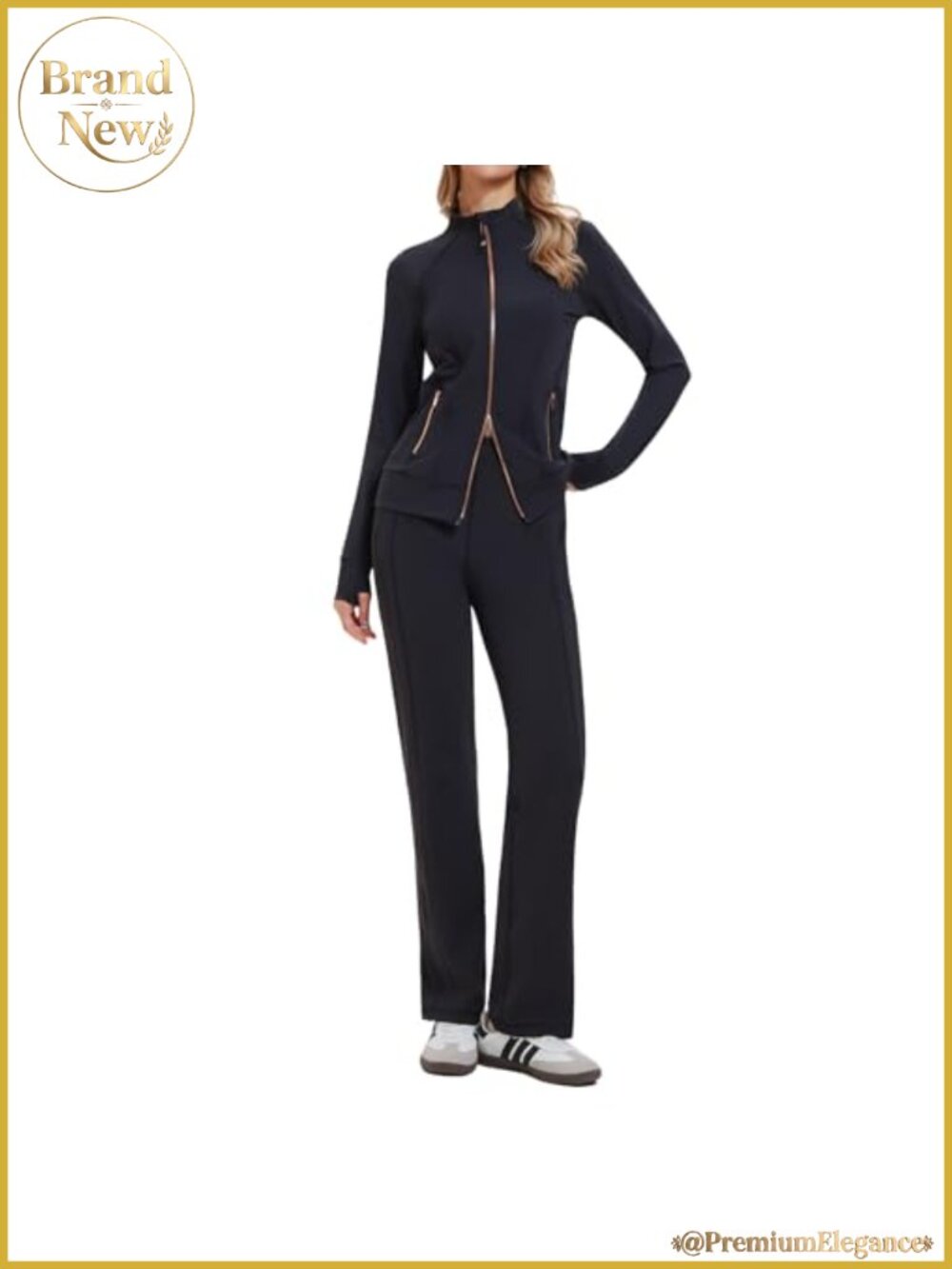 Womens 2 Piece Tracksuit Slim Fit Double Zipper Jacket Straight Leg Pants